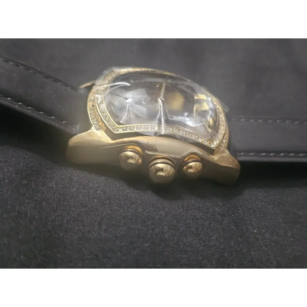 45.9mm bubble face Analog Watch gold tone bezel with Black genuine Leather band